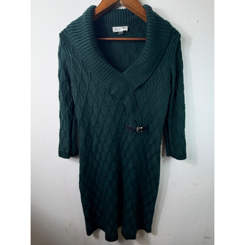 Harper Rose Women Sweater Dress Green XL Cable Knit Shawl Collar Buckle Detail